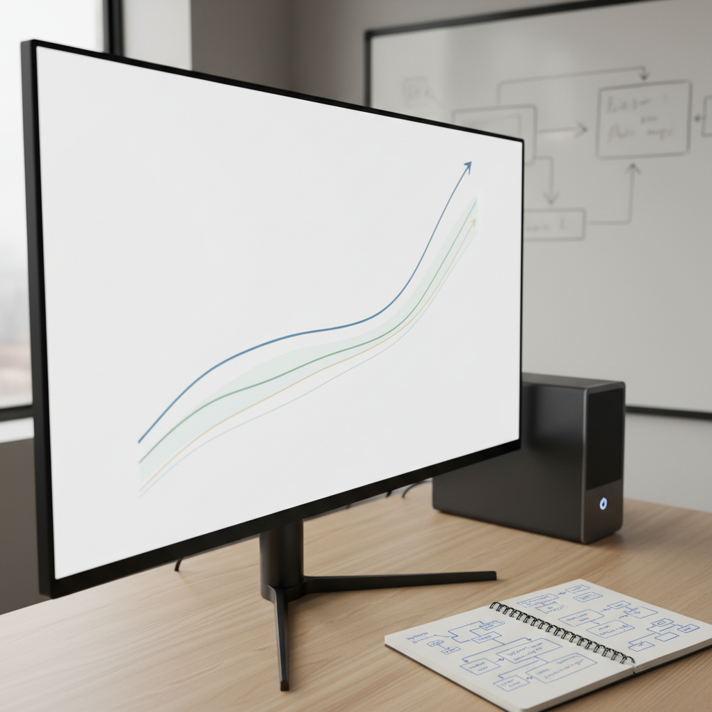 A large, high-resolution monitor displays a minimalist line chart of a long-term investment portfolio, with smooth, upward-trending lines in muted blues and greens against a clean white background. The monitor rests on a light oak desk beside a compact, dark grey desktop computer and a small, open notebook filled with sketched system diagrams. In the background, a whiteboard on the wall shows faint, out-of-focus architecture diagrams and arrows. Neutral daylight from the side washes the scene in soft, even light, with subtle shadows giving depth. Photographic realism, shot from a three-quarter angle with medium depth of field, creates a calm, strategic atmosphere focused on high-level thinking and structured decision-making.